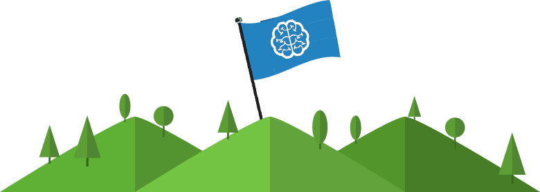 about-hill-IMG Illustration of rolling green hills and trees with a blue flag in the middle, with Mind Map Pro's logo on it, which looks like a mind map in a brain, showing you can conquer your project using this online mind map tool