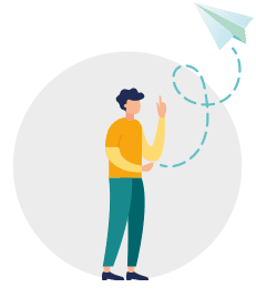 sign-up-free Illustration of a person sending a paper plane into the air, as though they are sharing messages with remote teams who they are collaborating with
