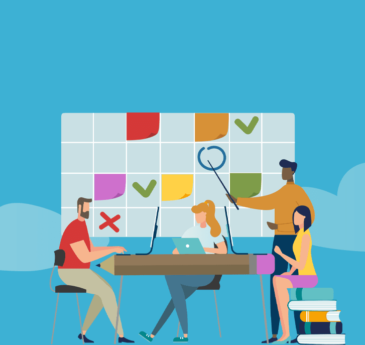 team-mind-mapping Illustration of a team sitting at a desk and working on laptops, with one in the background standing at a board and working through agile project management