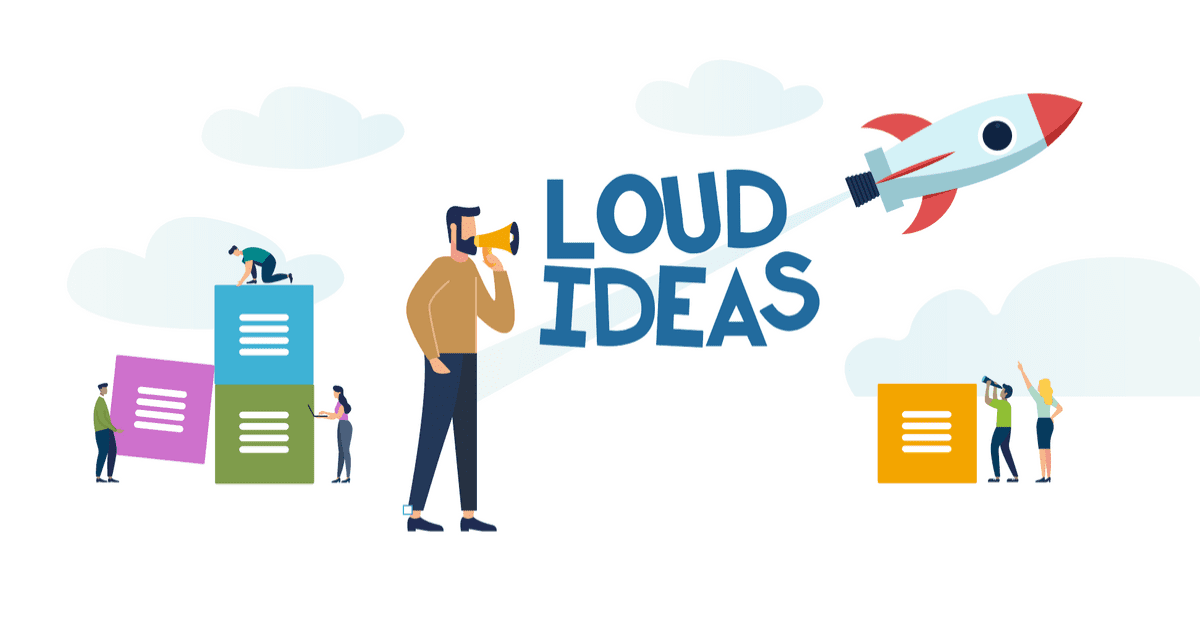 Loud Ideas podcast Team members building blocks, managing project, and one person sharing ideas through a loudspeaker to introduce the Loud Ideas podcast by Mind Map Pro and demonstrate how making ideas happen by making ideas loud - for the Loud Ideas podcast