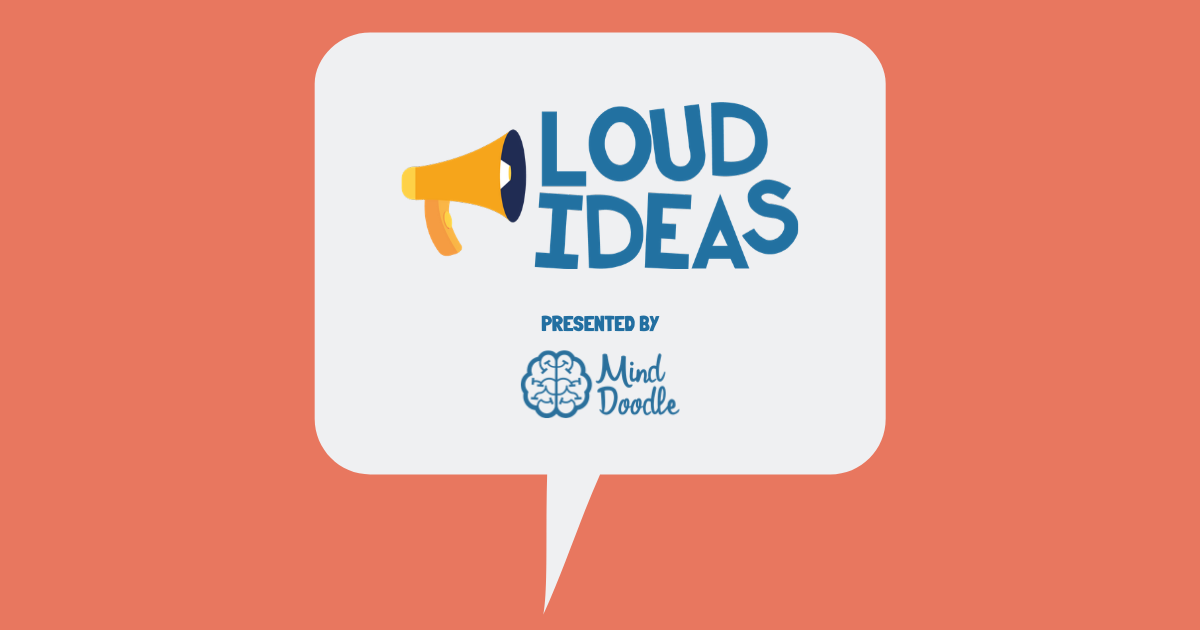 Orange background with speech bubble and the Loud Ideas podcast logo and Mind Map Pro logo within