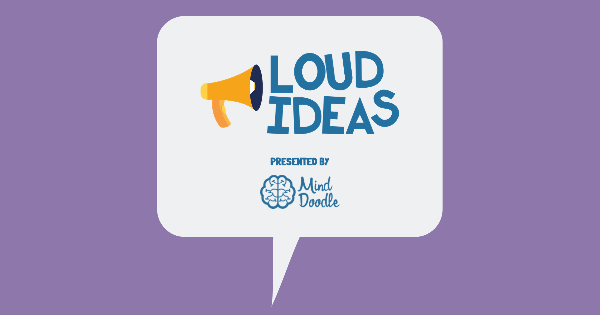 Purple background with speech bubble and the Loud Ideas podcast logo and Mind Map Pro logo within