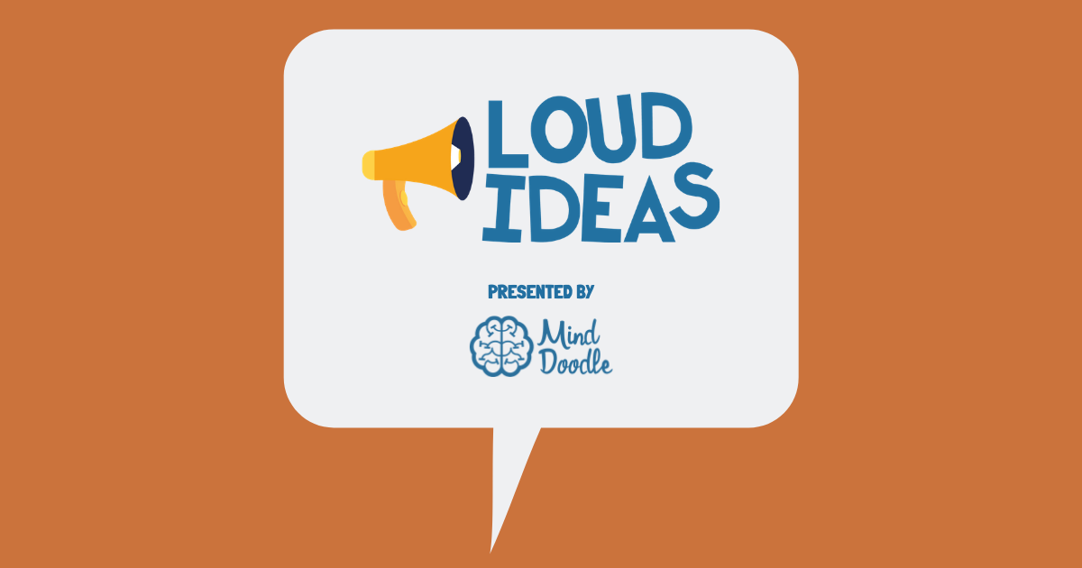 Orange background with speech bubble and the Loud Ideas podcast logo and Mind Map Pro logo within