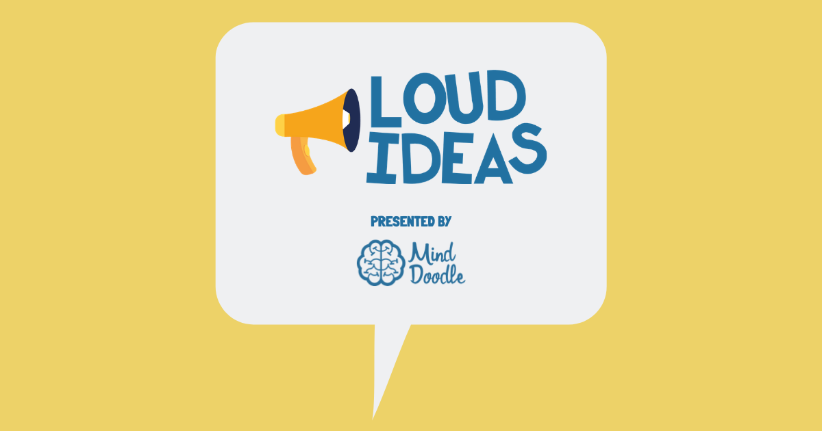 Yellow background with speech bubble and the Loud Ideas podcast logo and Mind Map Pro logo within
