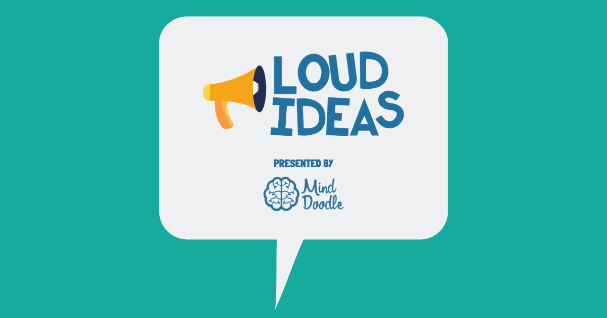Green background with speech bubble and the Loud Ideas podcast logo and Mind Map Pro logo within