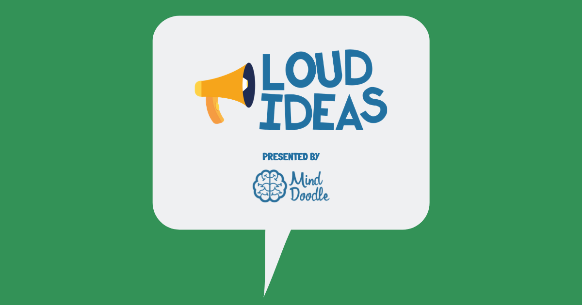 Green background with speech bubble and the Loud Ideas podcast logo and Mind Map Pro logo within